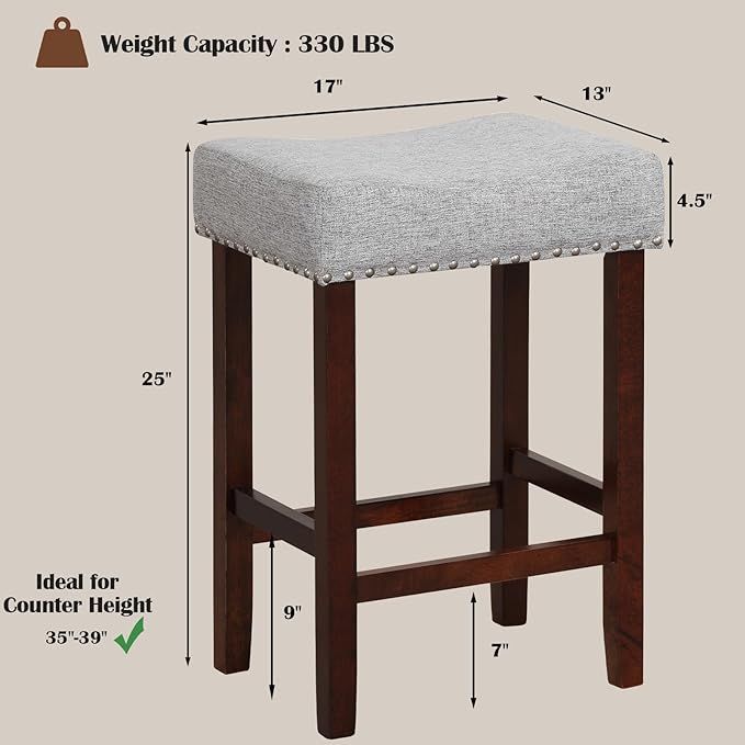 ERGOMASTER Bar Stools, 24 Inch Modern Saddle Stools, Rubber Wood, Light Grey/Brown, Set of 2