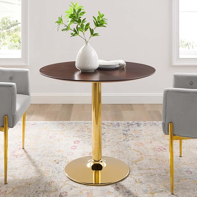 Modway Verne Round Wood Grain 35" Dining Table in Gold Cherry Walnut