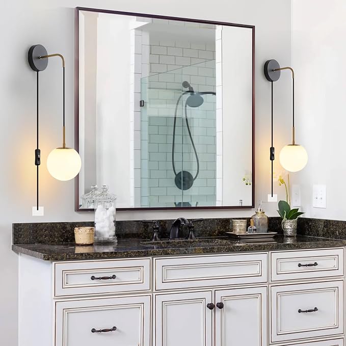 Plug in Wall Sconces Set of 2 Black and Brass Gold Wall Sconces Set of Two Plug in Hanging Wall Lamp with Plug in Cord with Globe White Glass Shade Vintage Wall Lights with Switch for Bedside