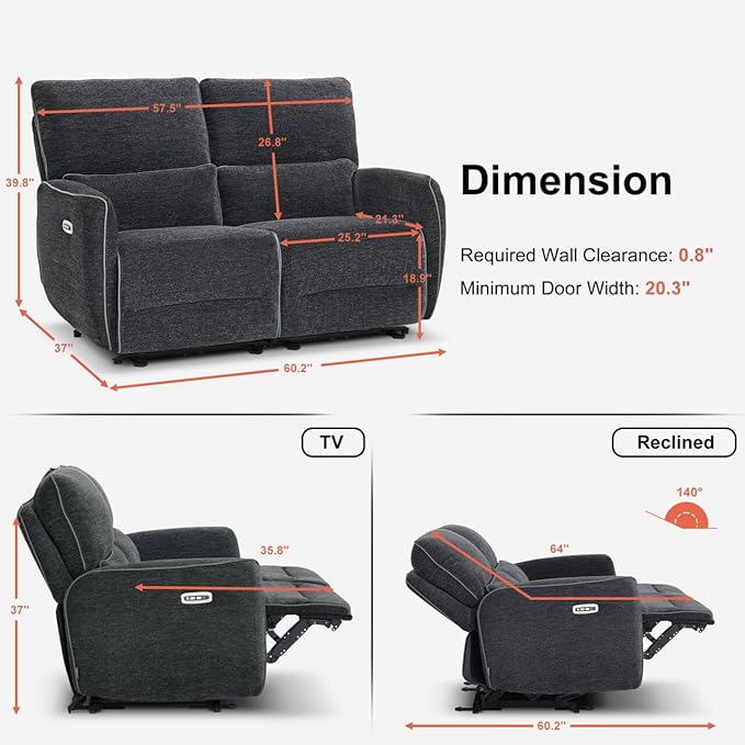 MCombo 60" Wall Hugger Power Loveseat Recliner Sofa with Adjustable Headrest, RV Reclining Loveseat with USB and Type C Charge Ports for Living Room 6924 (Dark Grey, Loveseat)