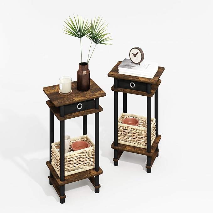 Furinno Modern Side Table Set of 2, 3-Tier End Table with Storage Bin, Open Shelf Night Stand, Bedside Table, for Living Room, Bedroom, Amber Oak