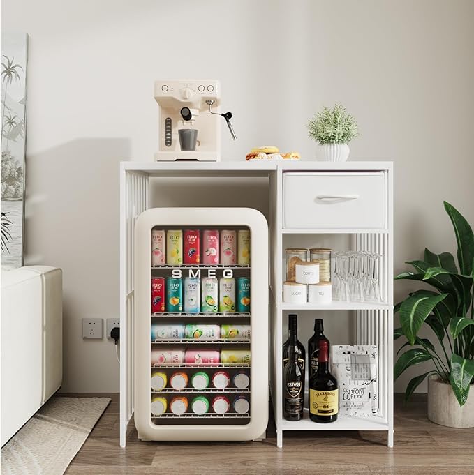 VOWNER Mini Fridge Cabinet with Power Outlet, 3-Tier Industrial Style Kitchen Microwave Stand Baker Rack with Drawer, Utility Storage Shelf for Home Kitchen Dorm Office, White, 35" Lx22 Wx37 H