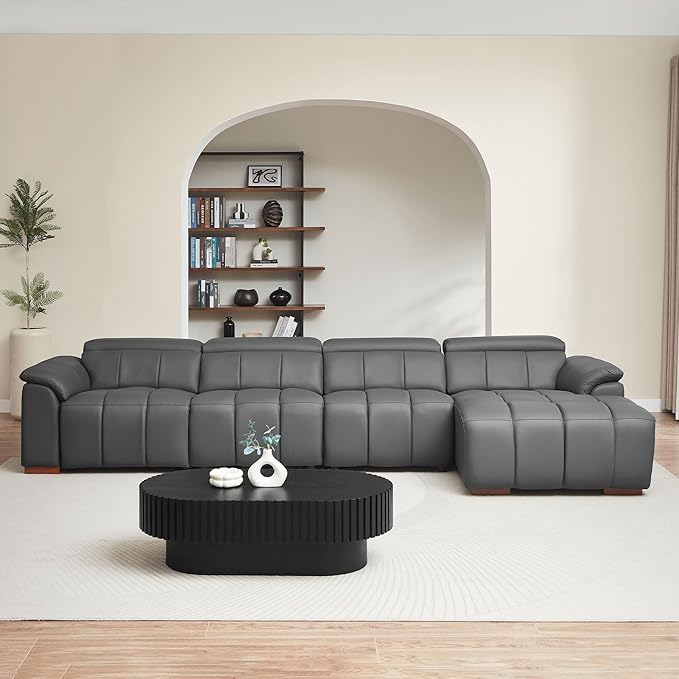 KEIKI 145" L-Shaped Genuine Leather Wall-Hugger Reclining Sofa with Right Chaise, Adjustable Backrest & Footrest, Modern Style Electric Control 4-Seater Couch with USB, for Living Room, Dark Grey