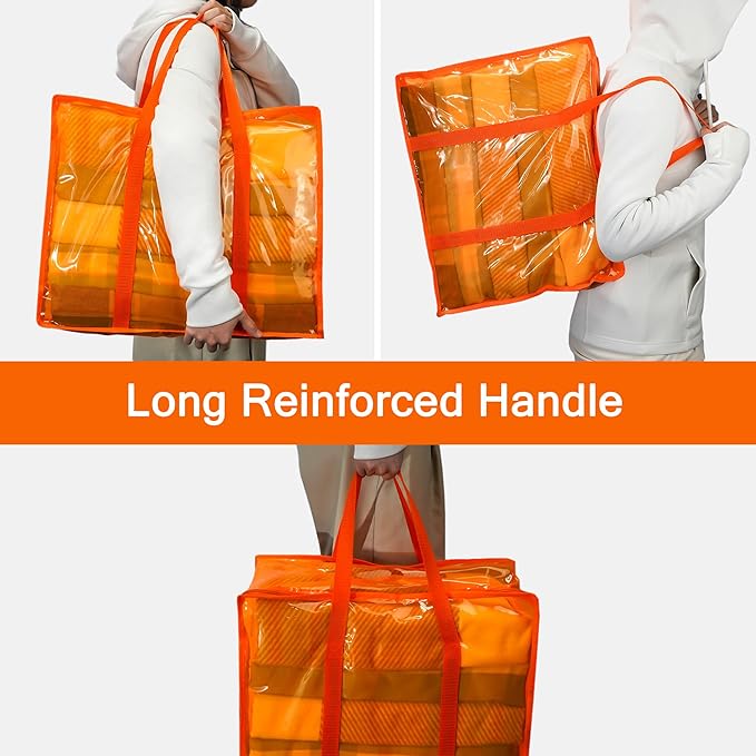 Vieshful Orange 40L Clear Clothes Storage Bag Colorful Clothes Organizer with Zipper Vinyl Storage Bag for Comforter, Blanket, Bedding, Duvet, Transparent Moving Totes 3 Pack