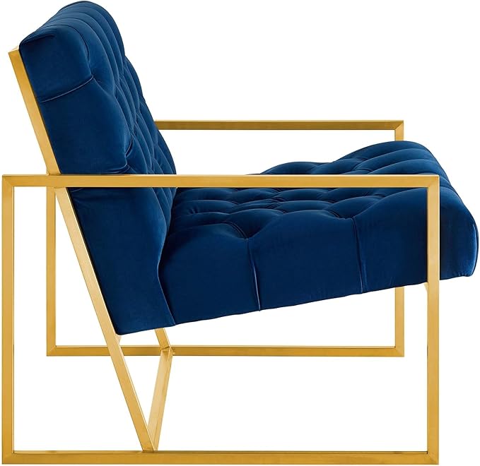 Modway Bequest Performance Velvet Upholstered Accent Lounge Arm Chair with Gold Stainless Steel Frame in Navy