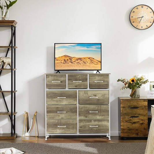 DUMOS 9 Drawer Dresser for Bedroom, Fabric Storage Organizer with Sturdy Metal Frame, Wooden Top Chest of Drawers for Closet Entryway Guest Room,Gold