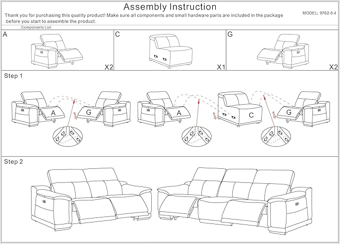 BlackJack Furniture Venice Top Grain Italian Leather Recliner 5 Seater 4 Power Reclining Seater 2 Piece Sofa Set with Adjustable Headrests Modern Seating Sofa and Loveseat for Living Room , Black