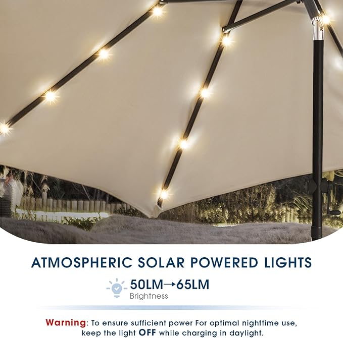 wikiwiki 9FT Solar Led Patio Umbrella with Base Included, 32 LED Lights, 8 Sturdy Ribs, Fade Resistant Waterproof POLYESTER DTY Canopy for Garden, Lawn, Deck, Backyard & Pool, Beige