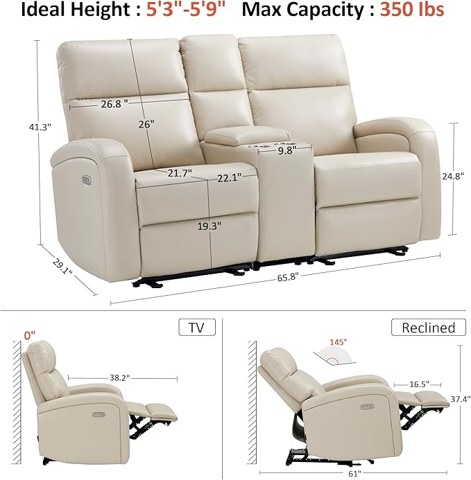 MCombo Zero Wall Recliner Loveseat, 2-Seat Power Wall Hugger Sofa with USB & Type-C Dual Ports, for Small Space, Living Room, RV PR646 (Beige, Loveseat with Console)