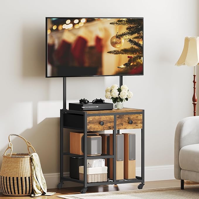 TV Stand with Mount, Corner TV Stand with Wheels, for TVs up to 50 Inches, Rolling Entertainment Center, Small TV Stands, for Living Room, Meeting Room, Bedroom, Rustic Brown DS08BR