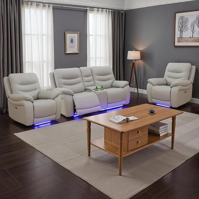 Power Reclining Sofa Set, Genuine Leather Recliner Sofa Set,Living Room Furniture Setwith USB Charging and LED Lights,for Living Room/Apartment/Office/Home Theather,Light Grey,2C+L