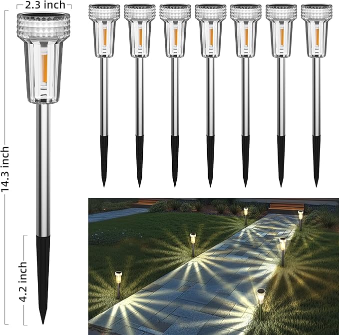 DERAYSION Solar Lights Outdoor, 8 Pack Solar Pathway Lights Dusk-to-Dawn Garden Lighting, Waterproof LED Stainless Steel Pole, Outdoor Solar Lights for Path Walkway Yard Driveway Decor - Warm White
