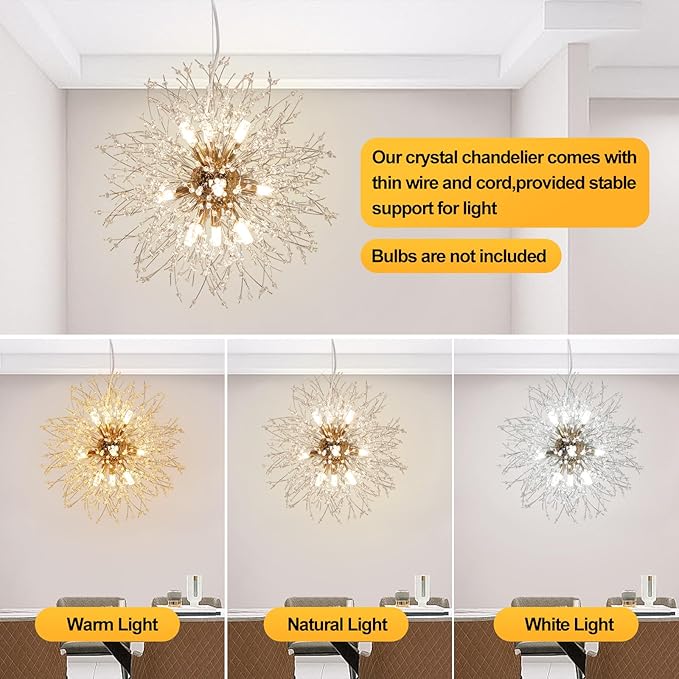 Depuley Modern Firework Gold Crystal Chandeliers, 9-Light Sputnik Dandelion Chandelier Light Fixture Pendant Lighting for Dining Room, Living Room, Bedroom, Kitchen, Restaurant(G9 Bulbs not Included)