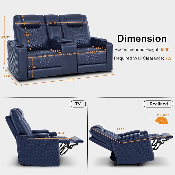 MCombo 80" Zero Gravity Oversized Power Reclining Loveseat with Adjustable Headrest for Living Room, Double Recliner Sofa with USB & Type C, Armrest Storage & LED Light HTS401SET