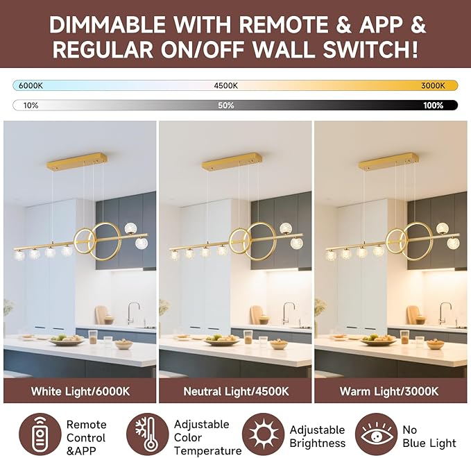 Modern Gold Chandeliers for Dining Room, 47in Dimmable LED Chandelier Linear Gold Pendant Light for Kitchen Island, Upgraded 6 Globe Hanging Pendant Chandelier Lighting (2 Rings, 4200lm)