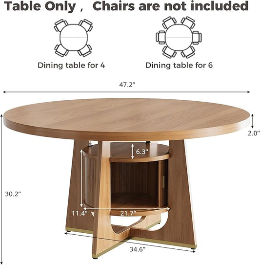 IRONCK 47 Inch Round Dining Table for 4-6 People with Built-in Storage Cabinet, Mid-Century Modern Kitchen Table for Dining Room, Kitchen, Living Room (Natural Wood)