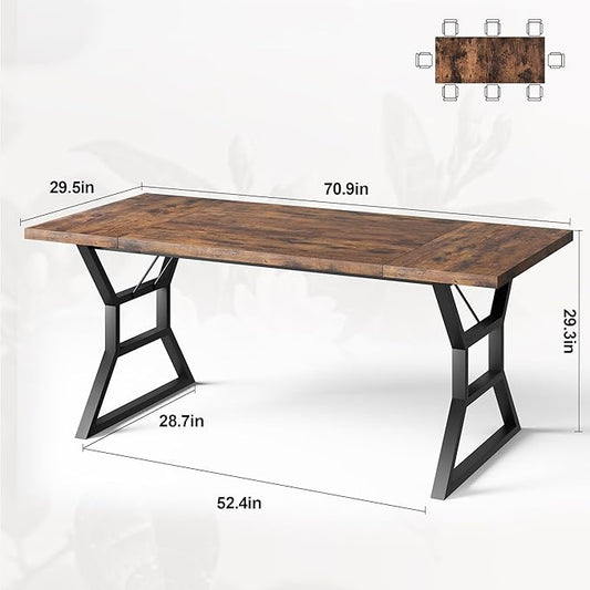 GarveeHome 70.9 in Large Dining Room Table for 6, Rectangular Kitchen Table with Heavy Duty Metal Legs, Farmhouse Wooden Dining Table for Big Family (Brown)