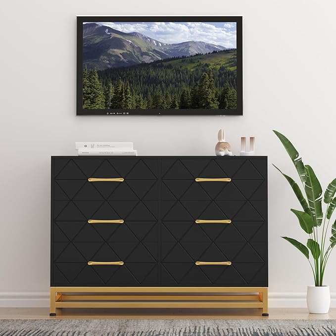 GarveeHome Black Dresser for Bedroom with 6 Drawers, Wood Chest of Drawers, TV Stand, Morden Dresser for Closet, Living Room, Hallway, Nursery