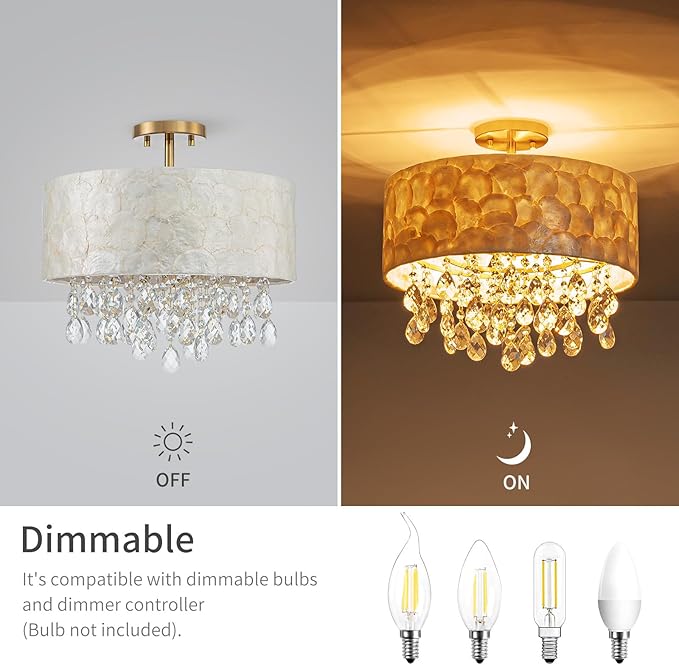 4-Light Drum Capiz Shell Crystal Chandeliers, Coastal Design Semi-Flushmount Ceiling Light Fixture for Dining Room, Bedroom, D16xH16 inch, Shell Lampshade & Gold Finish