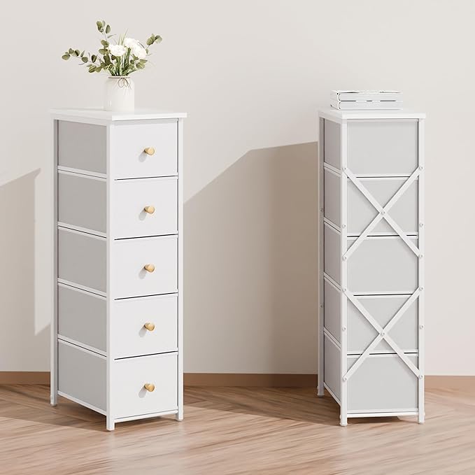 Narrow Storage Cabinet for Small Spaces Slim Skinny Bathroom Dresser Tall Dorm Nightstand Thin Organizer for Bathroom Bedroom (White, 5 Drawers)