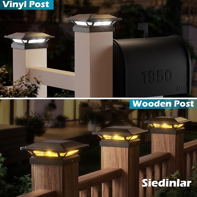 SIEDiNLAR Solar Post Cap Lights 16 LEDs 2 Modes 3.5x3.5 4x4 Wooden Vinyl Post Light Waterproof Outdoor for Fence Deck Patio Garden Decor, Warm/Cool White (2 Pack, Black)