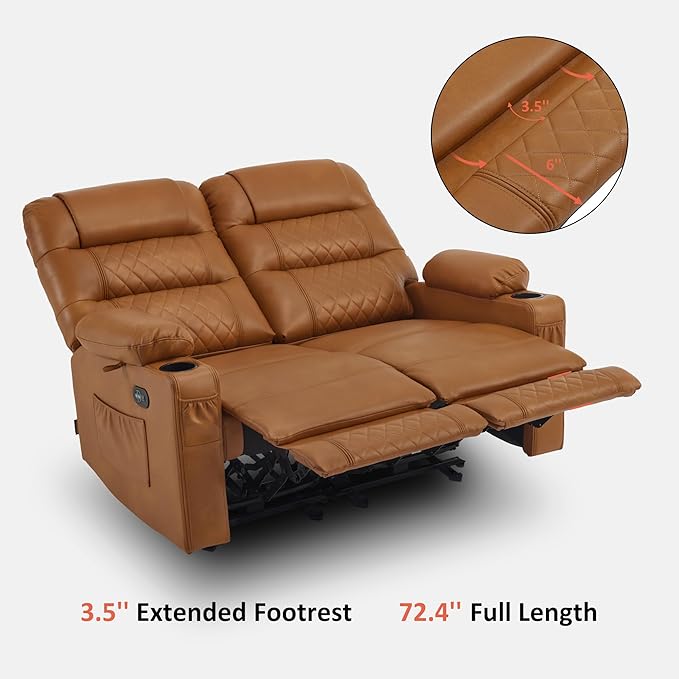 MCombo 56.3" Zero Gravity Power Loveseat Recliner with Heat and Vibration Massage, Reclining Loveseat Sofa with USB Ports, Cup Holders for Living Room, Faux Leather PR622Sets (Saddle)