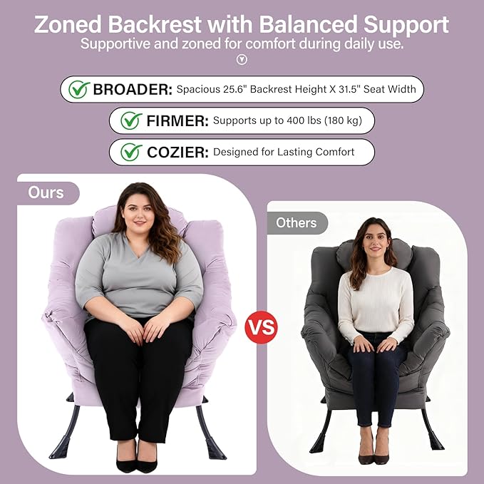 Lazy Chair with Ottoman, Modern Accent Chair with Lumbar Pillow, Velvet Light Purple Sofa, Armchairs with Folding Footrest, Oversized Supportive Chairs for Bedroom, Reading