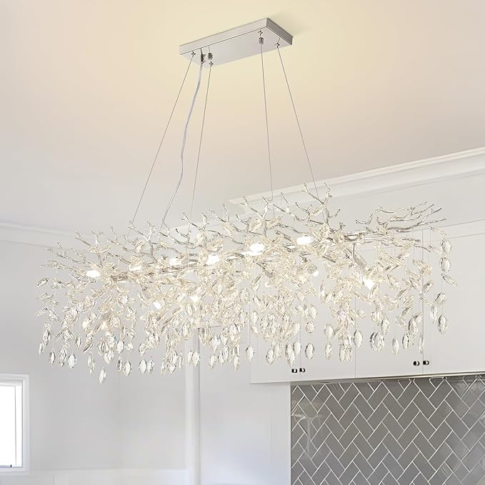 14 Light Modern Tree Branch Chandelier, 47.3" Chrome Rectangular Raindrop Chandelier for Dining Room, Foyer, Kitchen Island Contemporary K9 Crystal Pendant Light Fixture