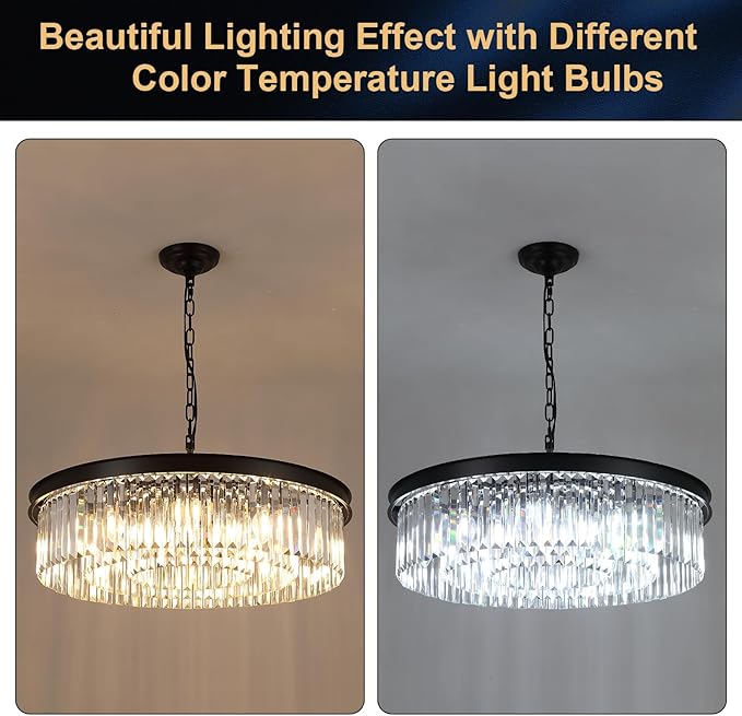 30'' Modern Crystals Chandelier 12-Light Large Black Crystal Chandeliers for Entryway 3-Tier K9 Crystal Ceiling Pendant Light Fixture for Living Room Dining Room Foyer Kitchen Bedroom