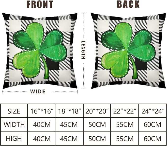 Green Shamrock Hat St Patricks Day Throw Pillow Covers 16x16 Set of 2 Buffalo Plaid Lucky Clovers Decorative Pillowcases St Patrick Outdoor Spring Cushion Covers for Couch Sofa Porch Decor