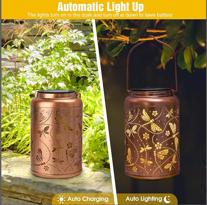 2 Packs Dragonfly Solar Lanterns Outdoor Waterproof, Dragonfly Gifts for Women Mom Grandma Metal Hanging Solar Lanterns for Patio Porch Garden Decor