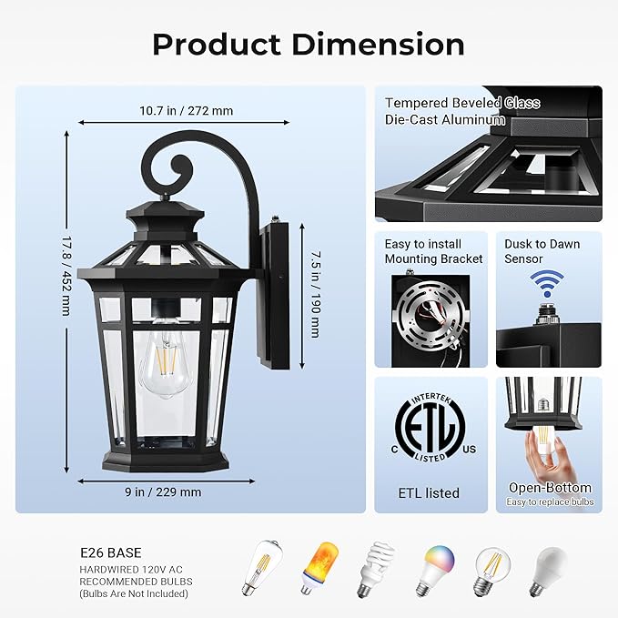 Large 9'' Outdoor Porch Light Wall Mount, Black Outdoor Wall Lantern Dusk to Dawn, Waterproof Exterior Light Fixture with Beveled Glass, Exterior Sconce Light for House, Coach Lights for Garage