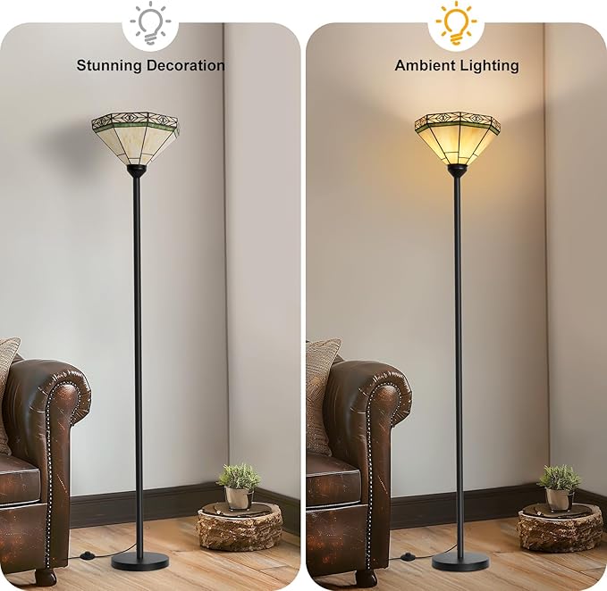 Seaside village Tiffany Floor Lamp, Torchiere Standing Lamp with Stained Glass Shade, Vintage Tall Pole Lamp with Foot Switch, Decorative Corner Light for Living Room Bedroom Home Office(E26 Base)
