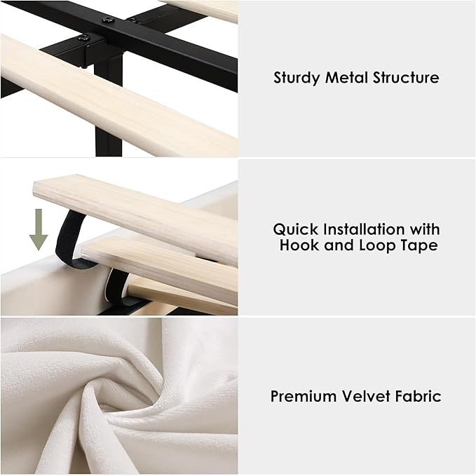 Keyluv Queen Led Car Bed Frame with Wheels Decor & Adjustable Curved Headboard Modern Upholstered Platform Bed with Detachable Pillows Solid Wooden Slats Support No Box Spring Needed, Velvet Beige