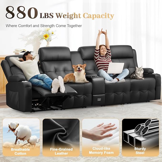 Recliner Sofa, Massage Reclining Sofa 4 Seater Sets Heavy Weight Capacity, RV Loveseat Couch Clearance with Console, USB, Type C Port, Storage, Cup Holders, Wall Hugger Chair for Living Room