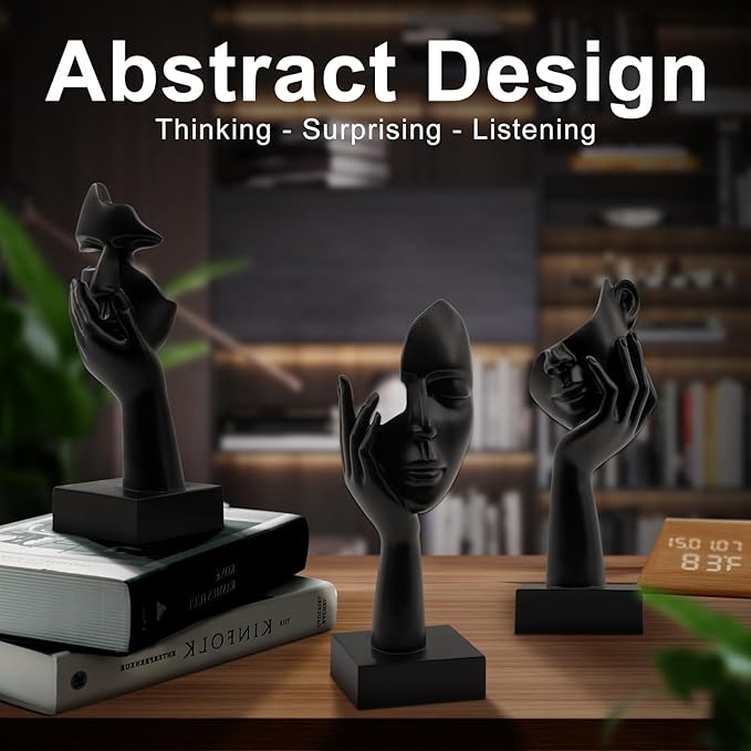 LXURY Figurine Statue for Bookshelf Decor, Thinker Statue for Office Decor, Modern Desktop Decorative Objects for Bedroom House Black Home Decor Sculpture 3PCS Thinking Surprise Listening