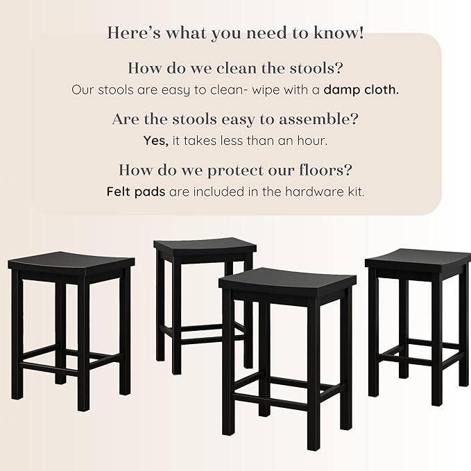 Grain & Grove Smith Collection Set of 4 Solid Wood Counter Height Bar Stools, 24-Inch Saddle Seat Backless Stools, Ideal for Kitchen Island, Dining, or Home Bar Seating, Black
