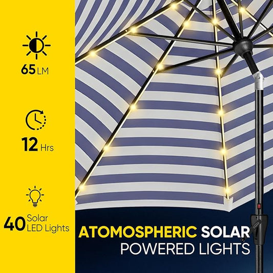 Tempera Solar Patio Umbrella 40 LED Lighted Outdoor Umbrella Table Market Umbrella with Push Button Tilt and Crank, Solar Umbrella with Sturdy Pole&Fade Resistant Canopy, Easy to Set