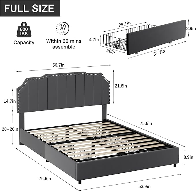 VECELO Full Bed Frame 4 Storage Drawers & Upholstered Platform &Tufted Adjustable Headboard/Mattress Foundation/Wood Slat Support,Easy Assembly,Dark Grey