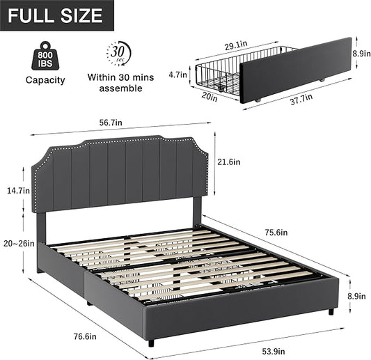 VECELO Full Bed Frame 4 Storage Drawers & Upholstered Platform &Tufted Adjustable Headboard/Mattress Foundation/Wood Slat Support,Easy Assembly,Dark Grey