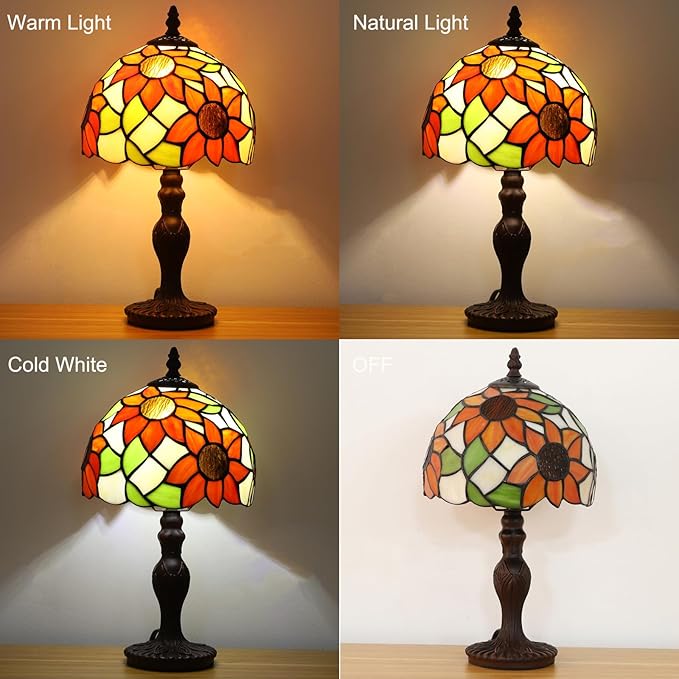 Tiffany Table Lamp,3 Color-Temperature Sunflower Stained Glass Lamp,8X8X15 Inch Small Accent Antique Nightstand Bedside Table Lamps for Bedroom Living Room Home Office Light +LED Bulb