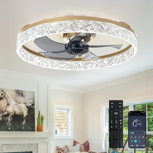 Depuley Ceiling Fans with Lights and Remote: 20" Modern Low Profile Flush Mount Ceiling Fan with App Remote Control - Gold Fandelier for Bedroom Living Room Kitchen Dimmable Quiet DC Motor