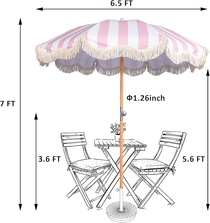 6.5ft Boho Beach Umbrella with Fringe, UPF 50+ Tassel Umbrellas with Carry Bag, Premium Wood Pole Foldable Patio Umbrella for Outdoor Holiday Garden Lawn Pool Yard Table