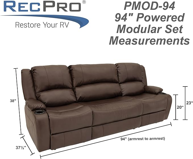 RecPro Charles 94" Powered Triple RV Wall Hugger Recliner | Drop Down Console | RV Furniture with Upgraded 2023 Fabric (Chestnut)