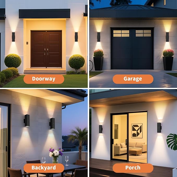 Dusk to Dawn Outdoor Lighting, LED Square Up and Down Outdoor Sconce Lights, Matte Black Exterior Lighting Fixtures with 7W LED Bulbs, Front Porch Lights for House, Garage, Patio, Doorway, 2 Pack