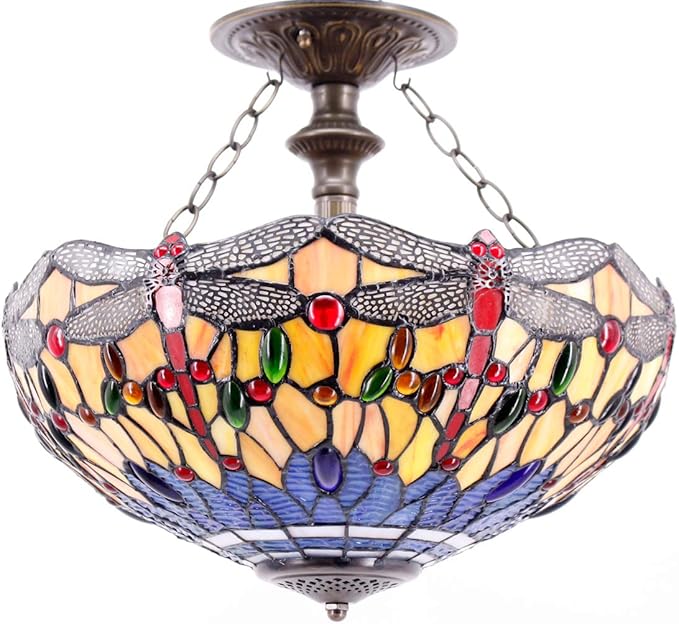 WERFACTORY Tiffany Ceiling Light Fixture Orange Blue Stained Glass Dragonfly Semi Flush Mount Lamp Wide 16 Inch Height 15 Inch Tiffany Ceiling Lamp S168 Series