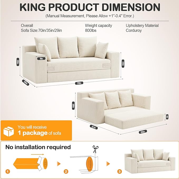 Oversize Loveseat Boneless Convertible Sofa Bed, Folding Floor Futon Sleeper Sofa Queen Size Couch Bed- Boneless Foldable Couch, Corduroy Pull Out Sofa Bed with 5 Pillows for Living Room & Bedroom