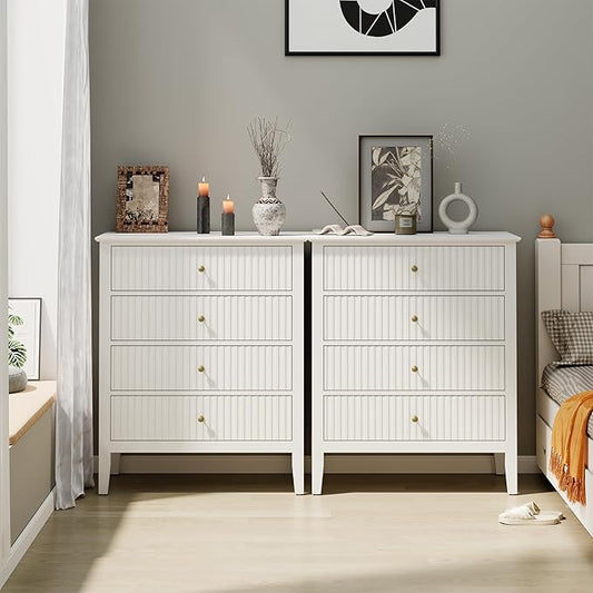 RoyalCraft White Fluted 4 Drawer Dresser Set of 2 for Bedroom, Modern Chest of Drawers, Wood Dresser for Storage Clothes, Wooden Storage Cabinet Nightstand for Bedroom, Hallway, Living Room, Entryway