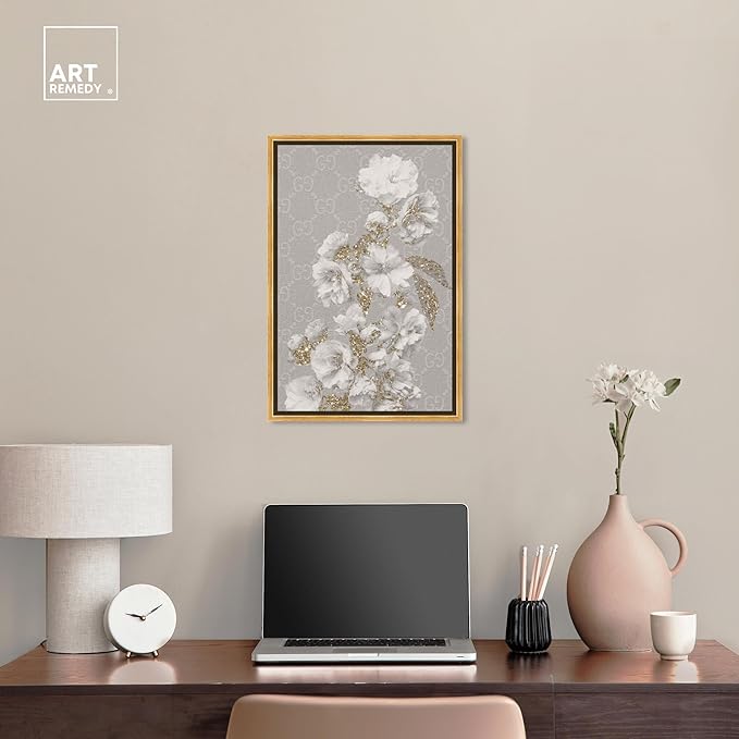 Art Remedy Floral in Classic Fashion Canvas Delicate Farmhouse Wall Art, Gold Frame, 16" x 24"