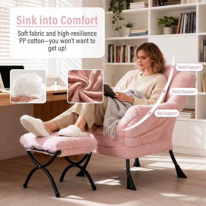 Lazy Chair with Ottoman, Modern Chair with Folding Footrest, Plush Pink Accent Chair, Comfortable Reading Chair, Oversized Armchairs for Bedroom, Study, Living Room, Courtyard